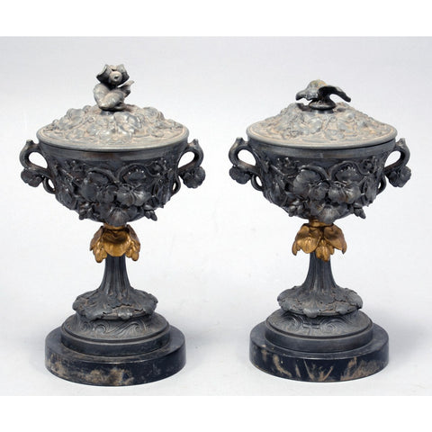 Pair of Antique Vintage Bronze Cups and Covers on a Marble Base