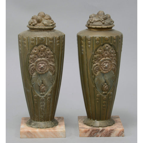 Pair of French Art Deco Style Antique Vases with Marble Base
