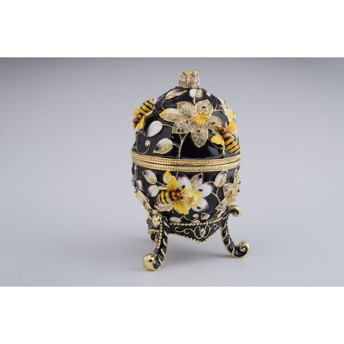 Black Faberge Style Egg Decorated with Bees and Flowers Trinket Box by Keren Kopal