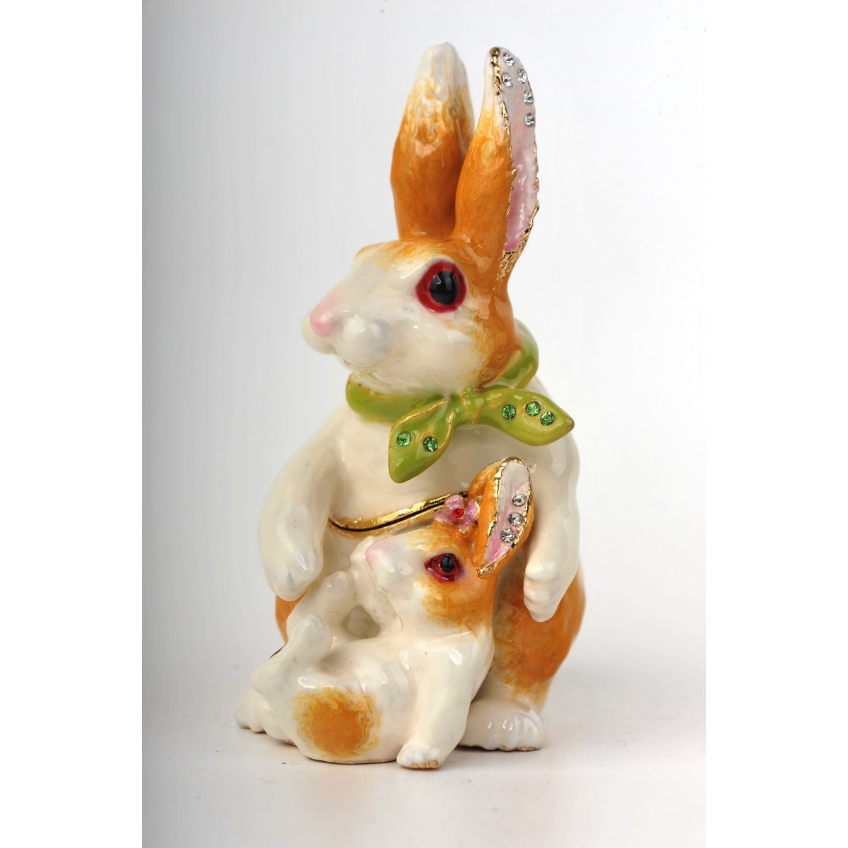 Mother & Baby Rabbits With Green Scarf Faberge Styled Trinket Box Handmade by Keren Kopal 