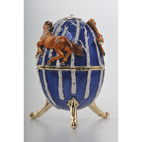 Blue Faberge Egg with Brown Horses by Keren Kopal