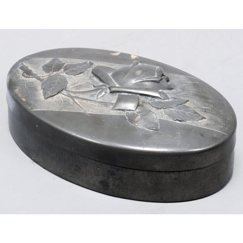 Antique European Pewter Oval Jewelry box, Made in France