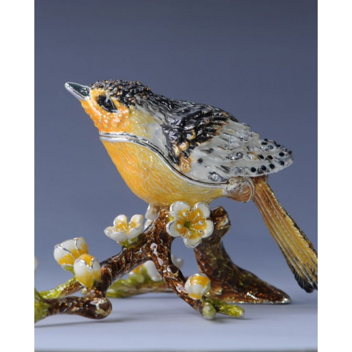 Black & Yellow Bird on a Branch Faberge Style Trinket Box