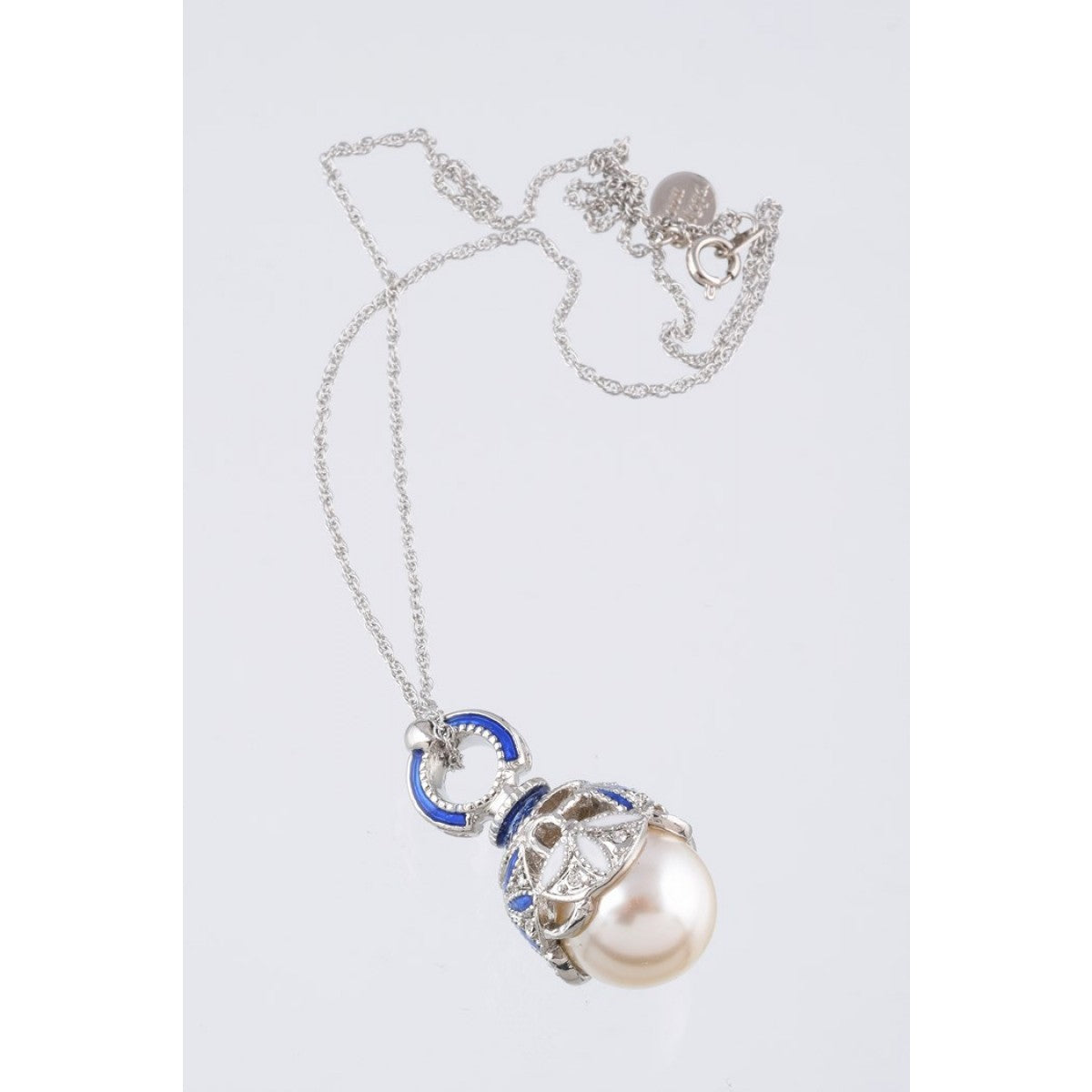 Silver & Blue Pearl Fabrege Egg Styled Pendant Necklace
