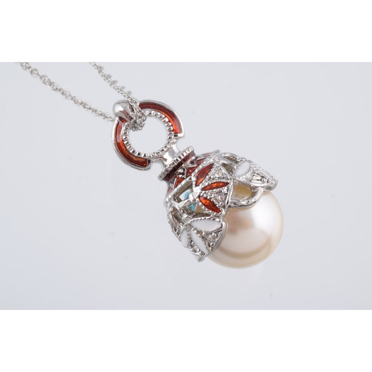 Silver & Red Pearl Fabrege Egg Styled Pendant Necklace